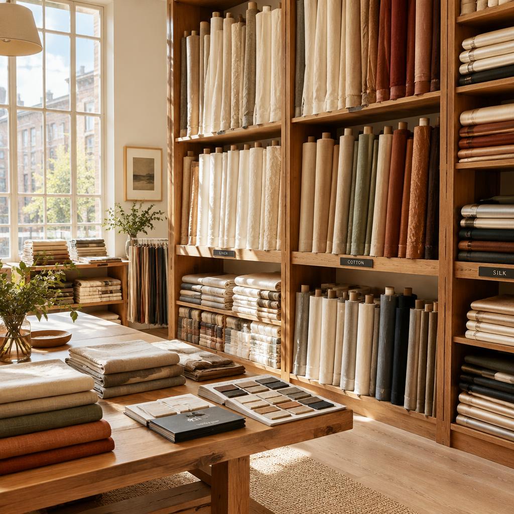 Fabric showroom with rolls of linen, cotton and silk